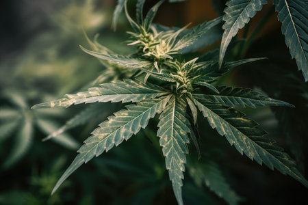 close-up of cannabis plant, with focus on the richly textured leaves, created with generative aiの素材