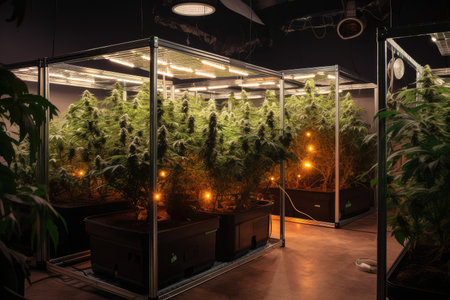 indoor cannabis greenhouse with artificial lighting and filtration system, created with generative aiの素材