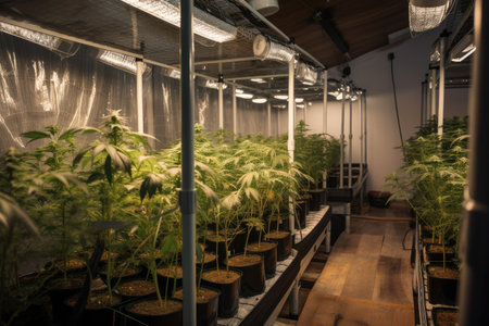 cannabis farm, with plants growing in various stages of growth and harvest, created with generative aiの素材