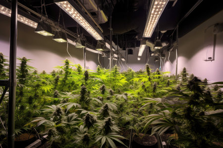 cannabis farm, with plants growing in controlled and monitored environment, created with generative aiの素材