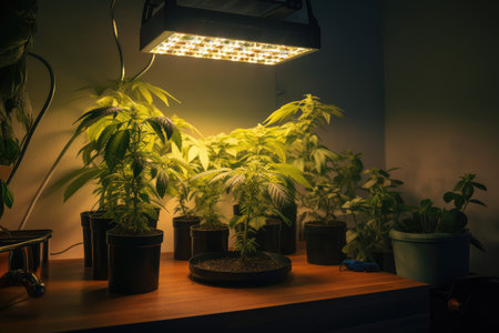 high-intensity grow light illuminating cannabis plants in indoor garden, created with generative aiの素材