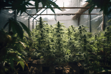 cannabis plant, growing healthy and vibrant in greenhouse setting, created with generative aiの素材