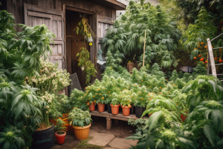 cannabis garden with different strains of cannabis plants and related products for sale, created with generative aiの素材
