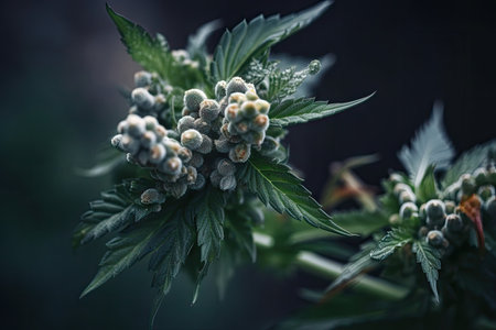 close-up of cannabis plant with ripe and juicy buds, created with generative aiの素材