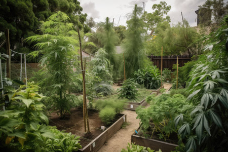 a view of the garden, with a variety of cannabis plants growing in different stages, created with generative aiの素材