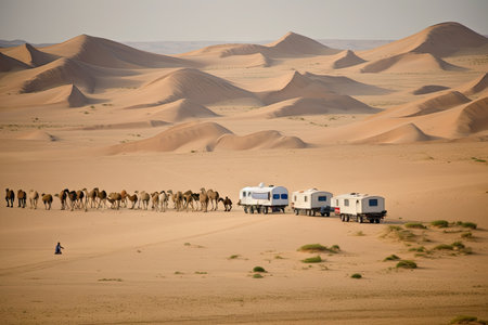 caravan approaching oasis in the middle of the desert, created with generative aiの素材