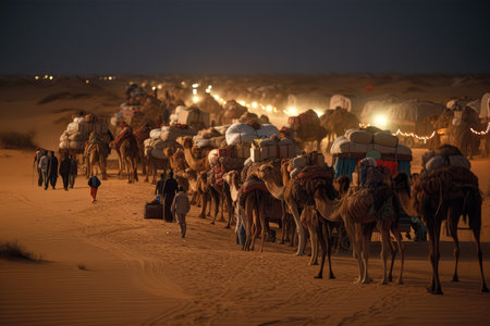 caravan of traders on a desert trade route, stopping for the night, created with generative aiの素材