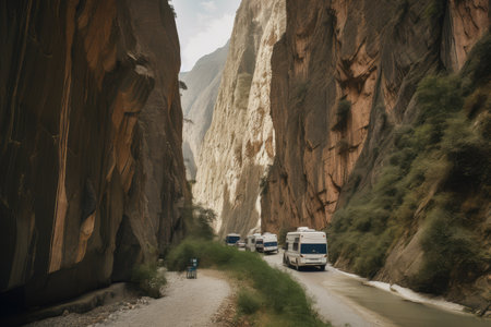 caravan passing through narrow gorge, with towering cliffs on either side, created with generative aiの素材