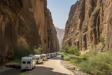 caravan passing through narrow gorge, with towering cliffs on either side, created with generative aiの素材