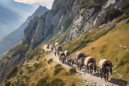 medieval caravan traveling along narrow mountain pass, with pack mules in the foreground, created with generative aiの素材
