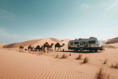 caravan stopping at oasis in the middle of a desert, created with generative aiの素材
