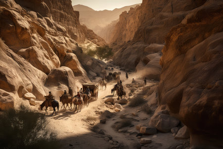 caravan of traders and their precious cargo making its way through winding desert canyon, created with generative aiの素材