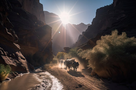 caravan riding through canyon, with the sun shining down on them, created with generative aiの素材