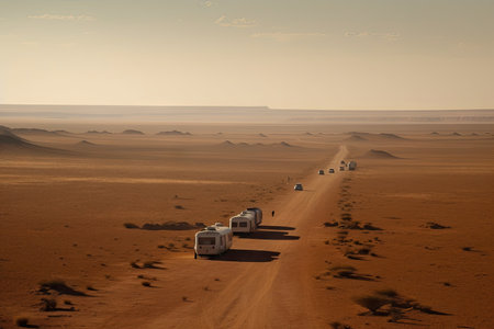 caravan crossing endless expanse of desert, with a mirage in the distance, created with generative aiの素材