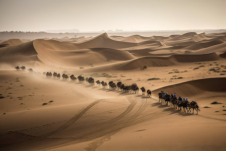 caravan of traders making their way across vast desert landscape, created with generative aiの素材