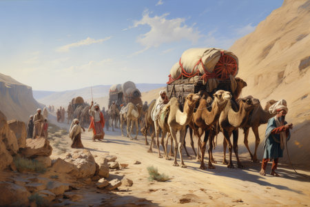 caravan of traders making their way across vast desert landscape, created with generative aiの素材