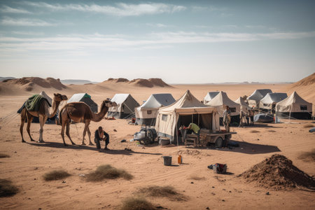 caravan setting up camp in the desert, with camels and tents in the background, created with generative aiの素材