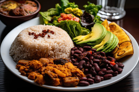 delicious plate of colombian food, with rice, beans, and plantains, created with generative aiの素材