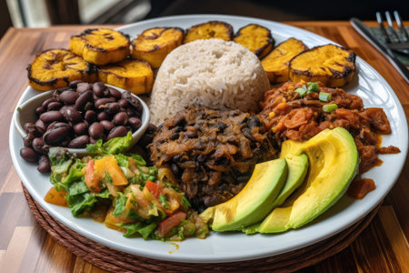 delicious plate of colombian food, with rice, beans, and plantains, created with generative aiの素材