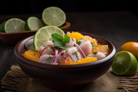 ceviche, traditional colombian dish made with raw fish and citrus juices, created with generative aiの素材