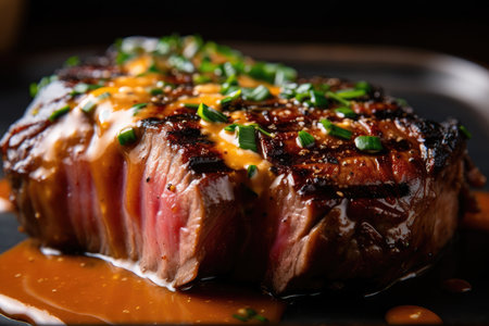 close-up of grilled steak, drizzled with savory sauce, created with generative aiの素材