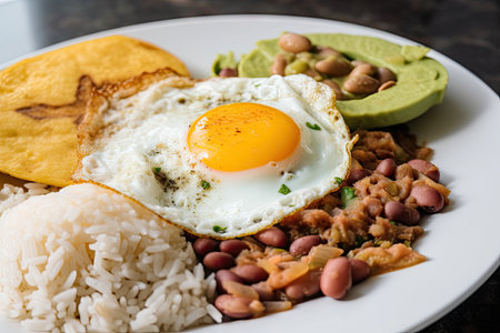 delicious plate of colombian cuisine, featuring rice and beans, fried egg and avocado, created with generative aiの素材