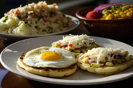 hearty breakfast of freshly-made arepas and eggs, created with generative aiの素材