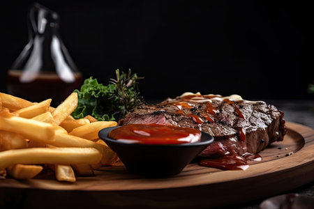 close-up of succulent and juicy steak with french fries and colombian sauce on the side, created with generative aiの素材
