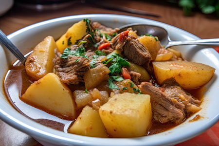 close-up of warm and steamy bowl of colombian stew, with potatoes and beef, created with generative aiの素材