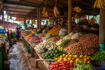 a vibrant colombian market, filled with fresh produce and spices, created with generative aiの素材