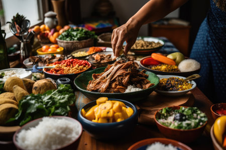person, cooking feast of diverse and colorful colombian dishes, created with generative aiの素材
