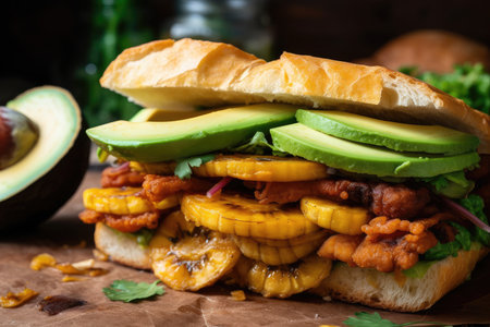 close-up of colombian sandwich, with layers of fried plantains and slices of avocado, created with generative aiの素材