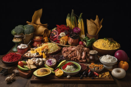 an artistic display of colombian food, featuring an array of flavorful ingredients, created with generative aiの素材
