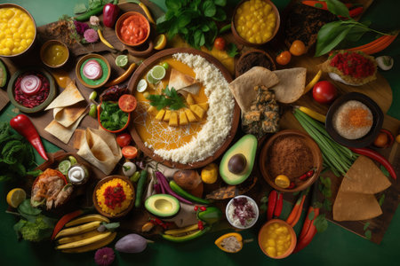 an artistic display of colombian food, featuring an array of flavorful ingredients, created with generative aiの素材