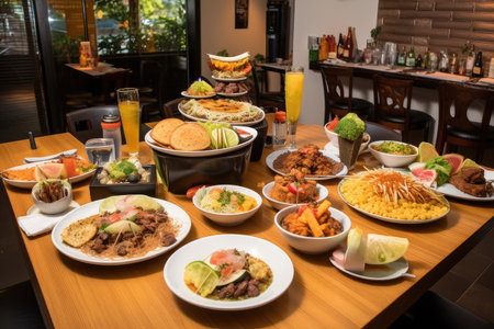 colombian restaurant, with a variety of dishes and drinks on display, created with generative aiの素材