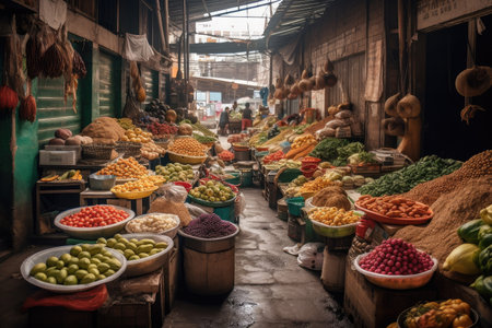 a colombian market filled with fresh produce, spices and other ingredients, created with generative aiの素材