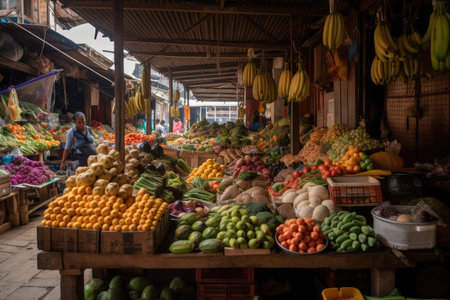 a colombian market filled with fresh produce, spices and other ingredients, created with generative aiの素材