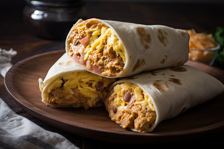 breakfast burrito with scrambled eggs, cheese, and refried beans, created with generative aiの素材