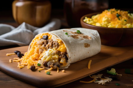 breakfast burrito with scrambled eggs, cheese, and refried beans, created with generative aiの素材