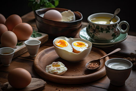traditional colombian breakfast of eggs, cheese, and coffee with pastels, created with generative aiの素材