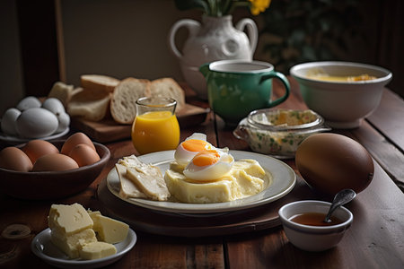 traditional colombian breakfast of eggs, cheese, and coffee with pastels, created with generative aiの素材