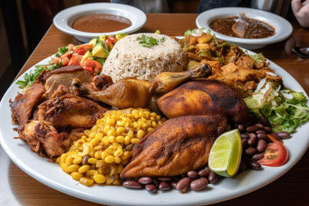 enormous plate of food, overflowing with rice and beans, chicken, and fish, created with generative aiの素材
