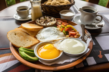 close-up of colombian breakfast, with freshly cooked eggs and hot coffee, created with generative aiの素材