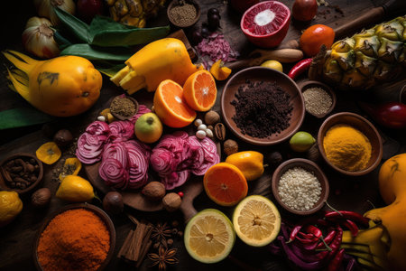 close-up of the vibrant ingredients used in colombian cuisine, including tropical fruit and spices, created with generative aiの素材