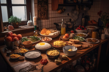 cozy, home-style colombian kitchen with ingredients for homemade meal, created with generative aiの素材