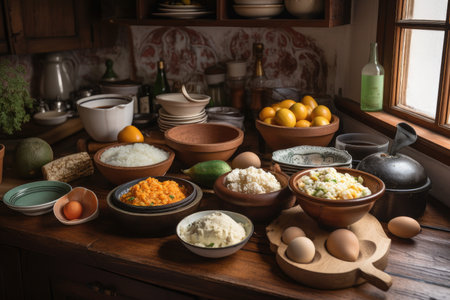 cozy, home-style colombian kitchen with ingredients for homemade meal, created with generative aiの素材
