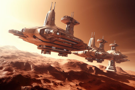 a fleet of spaceships traveling to colonize the red planet, created with generative aiの素材
