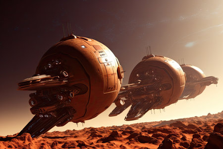 a fleet of spaceships traveling to colonize the red planet, created with generative aiの素材