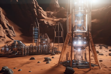 close-up of futuristic colony on mars with glass and metal structures visible, created with generative aiの素材