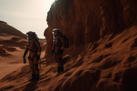 two astronauts exploring the red dunes of colonized mars, created with generative aiの素材